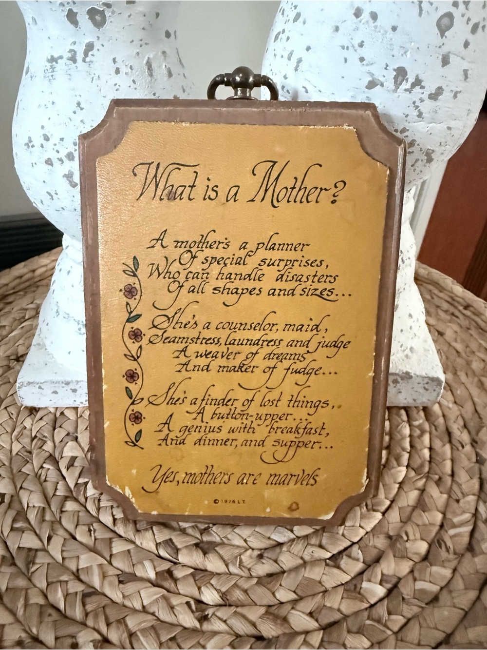 Vintage "What is a Mother?" Decorative Plaque - Yellow with Floral Trim
